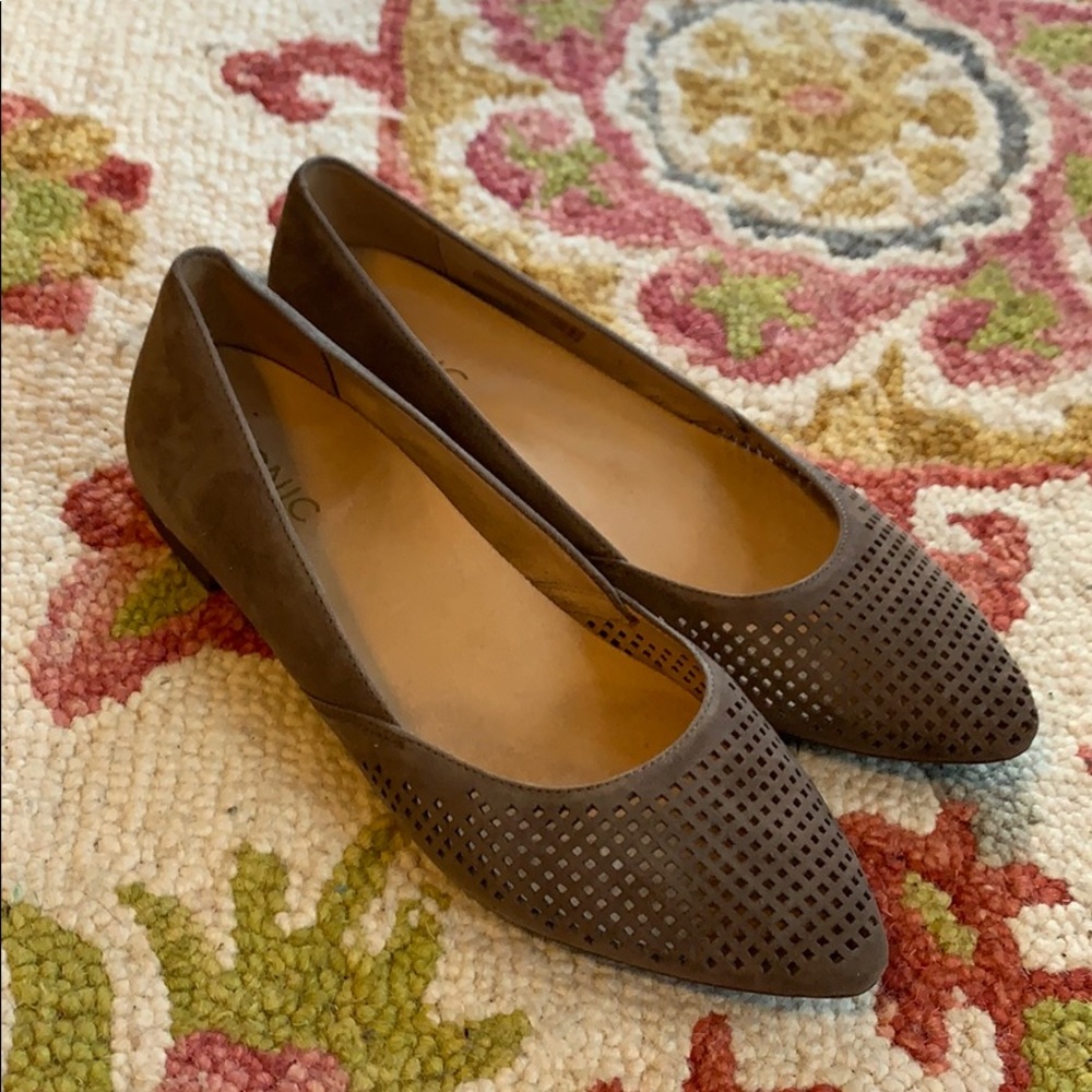 Taupe pointed toe work flats with slight heel